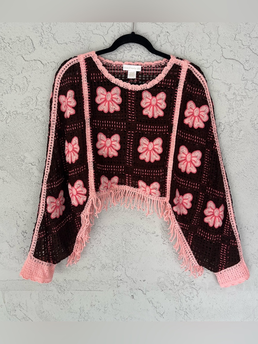 House Of Harlow 1960 Bow Crochet Fringe Sweater Poncho OS Cottage Croquette